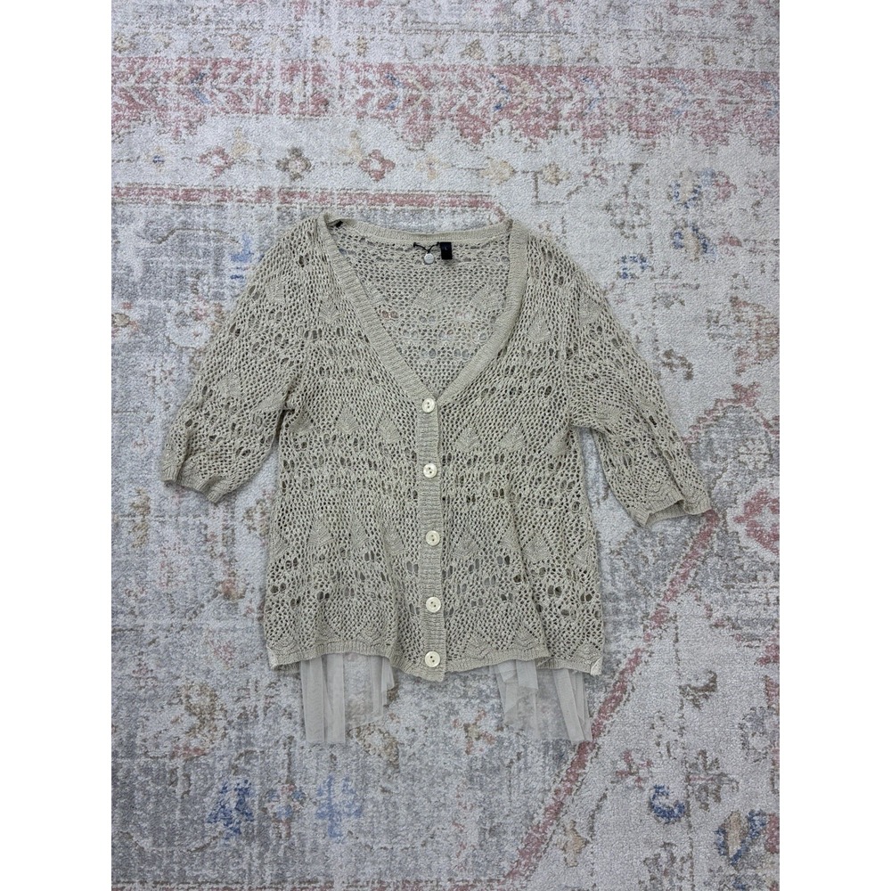 BKE Boutique Crochet Knit Cardigan L Beige Mori Kei Fairycore Lace Mesh Tulle